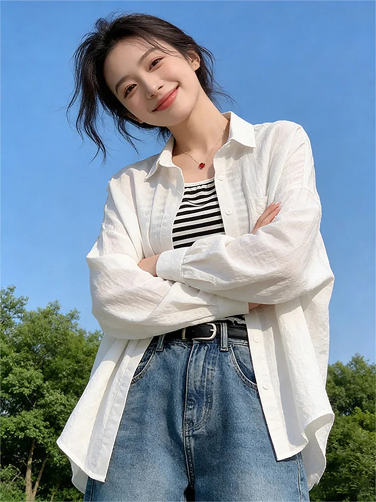 

Korean Sle Women's Collar Long Sve irt Thin Breathable Spring Outerwear Cover up Loose Fit Comfortable Skin-Friendly