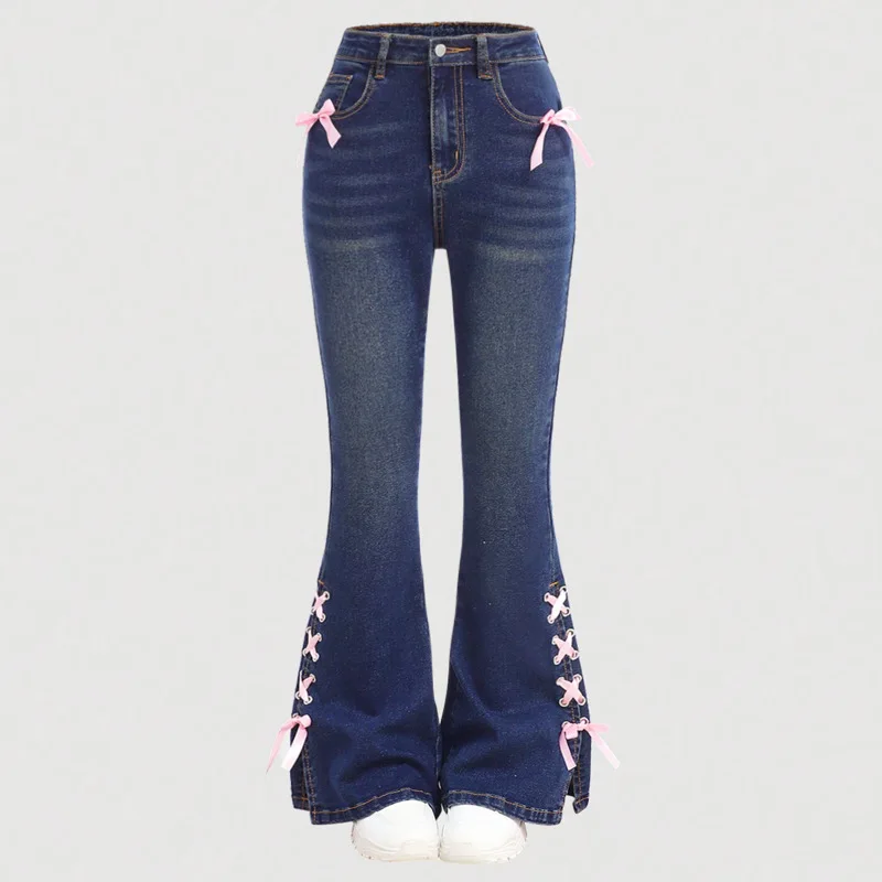 Flare Jeans Denim Pant Women Strap Bow Vintage Washed Y2k Streetwear Work Casual Mid Waist Straight Trousers Elegant Summer 2026