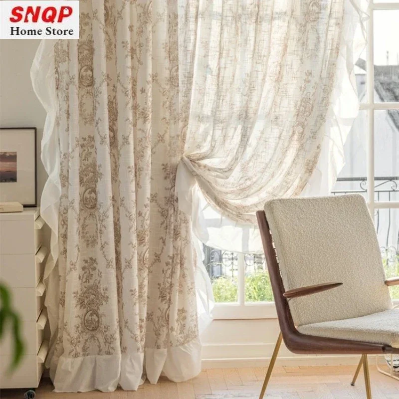 

Custom French European Embroidered Linen Retro sheer curtains for living room bedroom dining White Tulle Window blackout luxury