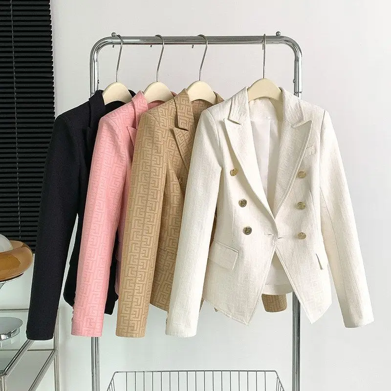 Fall 2026 Plaid Short Style Metal Buckle Brown Suit Collar Versatile Business Commute Fashion Women's Full  Long Sleeve