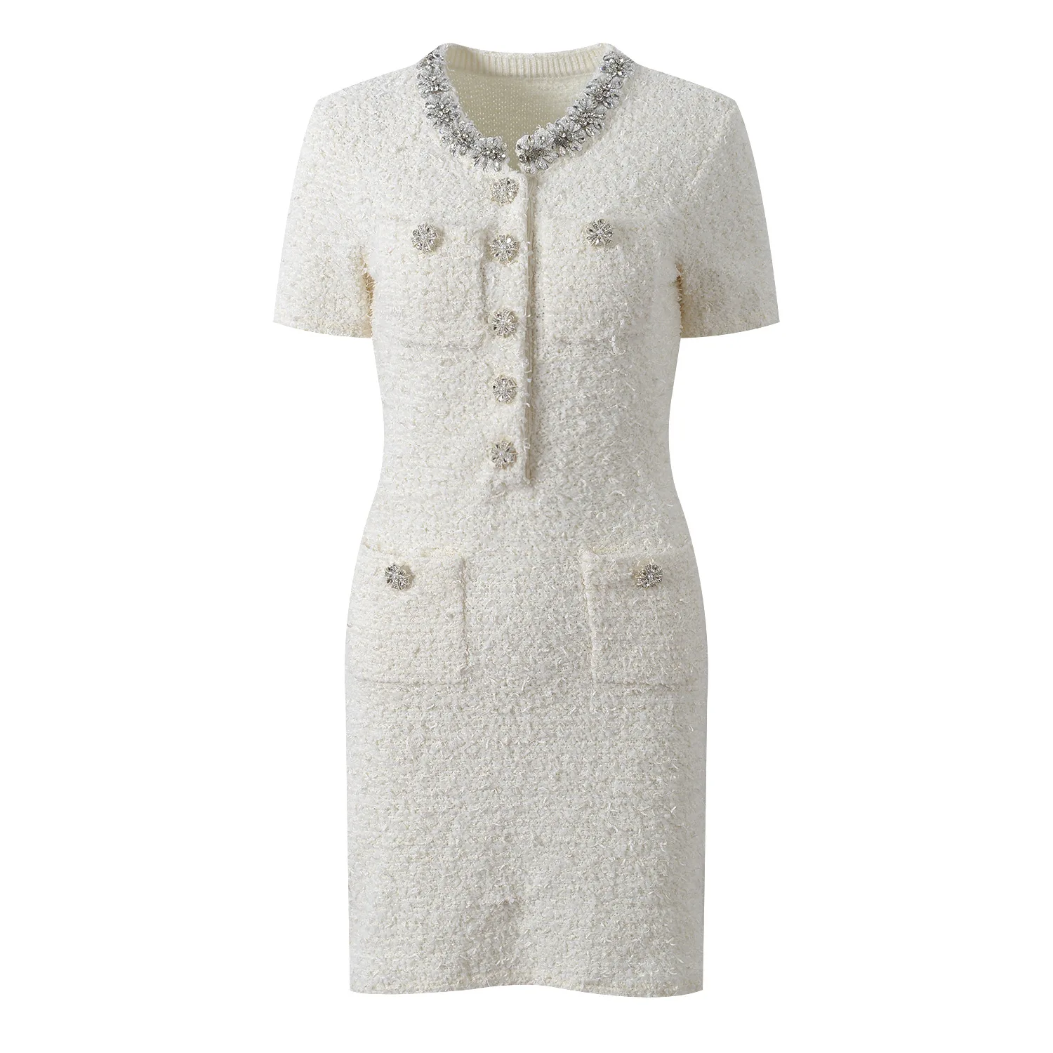 CHUJIE Herbst/Winter 2025, französisches Luxuskleid, Kristall-Rundhals-Strickkleid, kurzärmeliges, schmal geschnittenes, figurbetontes Kleid