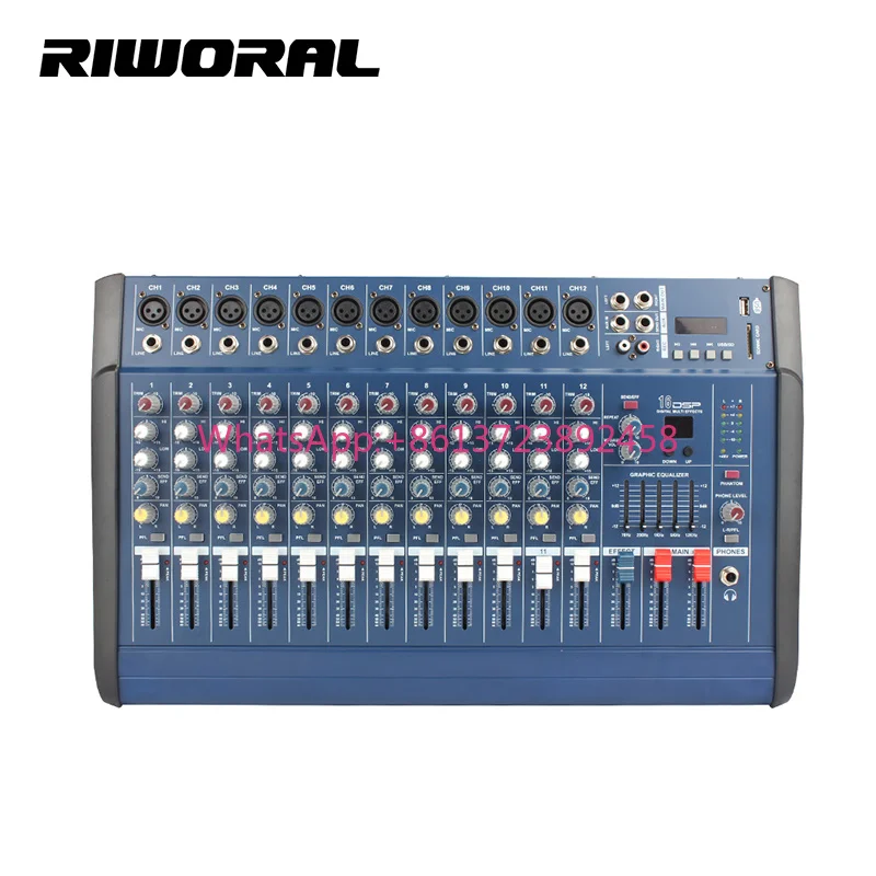 M1202D Professional USB 12 Channel Effect Power Mixer 16 Bit DSP Audio Dj Mixer Karaoke