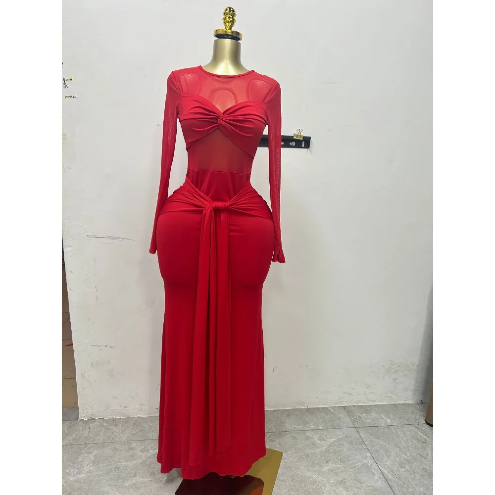 2025年 レディース 無地 長袖 丸首 チェストハグ タイト ロングワンピース