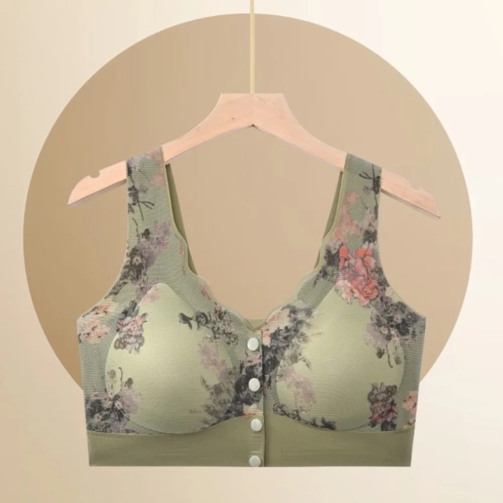 Sutiã floral sem fio para mulheres, tamanho grande, fivela frontal, roupa interior sem costura, lingerie feminina, sutiã push up para mãe