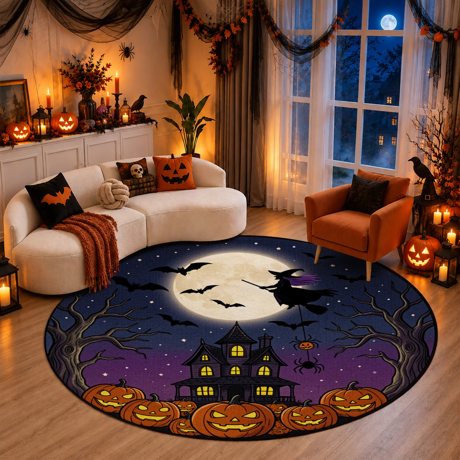 Halloween Witch Haunted House Pumpkin Bat Pattern Round Velvet Rug Machine Washable for Living Room Bedroom Dining Room Entryway Perfect for Halloween Thanksgiving Black Friday Cyber Monday Christmas New Year