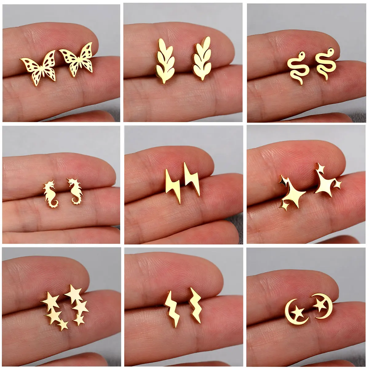 Vintage Exquisite Stainless Steel Leaf Butterfly Stud Earrings Women Multiple Mini Star Moon Lightning Earings Piercing Jewelry