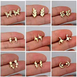 Vintage Exquisite Stainless Steel Leaf Butterfly Stud Earrings Women Multiple Mini Star Moon Lightning Earings Piercing Jewelry