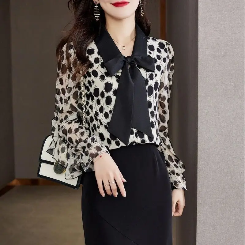 2023 Spring New Polka Dot Printing Scarf Collar Lace-up Loose Long Sleeves Office Lady Comfortable Leisure Chiffon Shirt Top