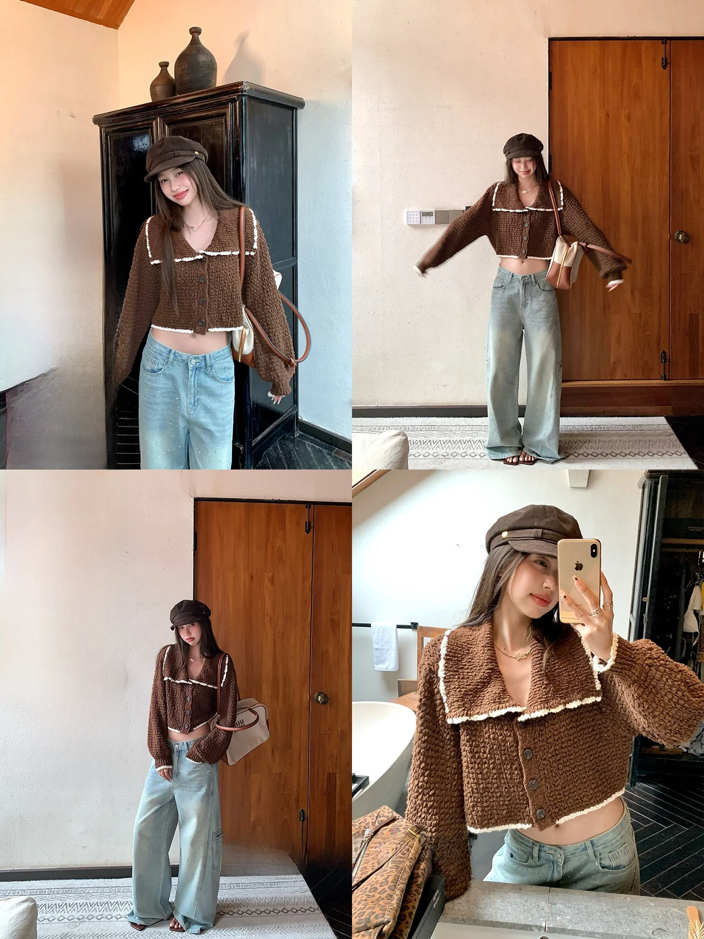 

Осень-зима женский вязаный свитер с меховым воротником медведя цвет Blo ort Топ теплый хлопковый кардиган длинный кукольный воротник све