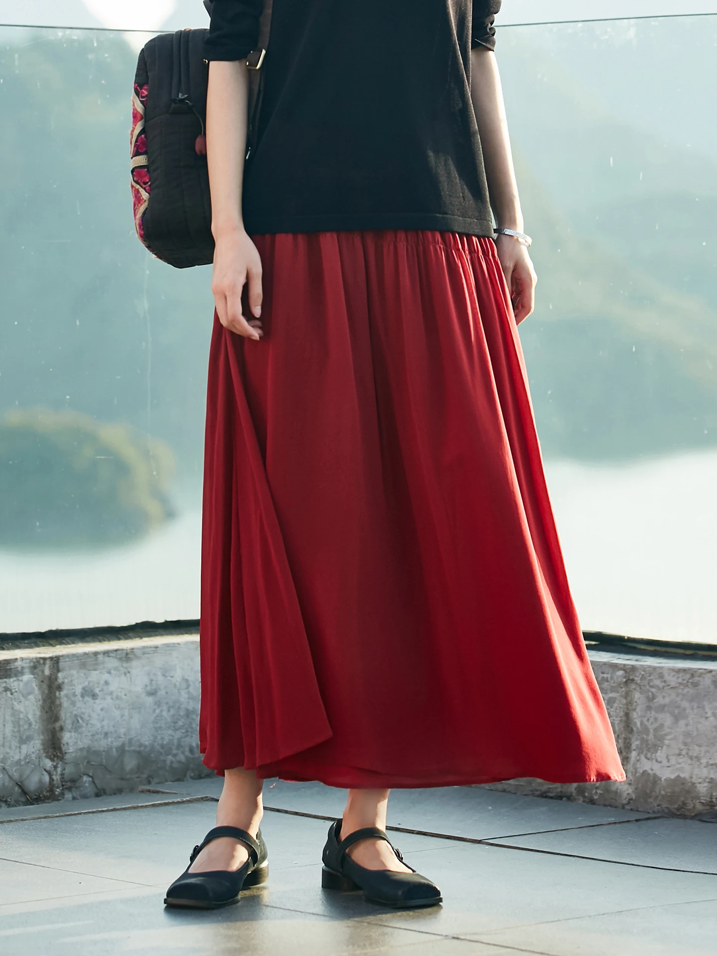 

Оригинальная повседневная универсальная длинная юбка трапециевидной формы с поясом из 00% шелкового шифона с поясом и высокой талией