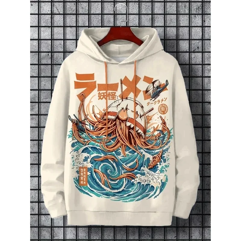 3D Printed Waves Noodles Hoodie For Men Cool Wolf Pattern Long Sleeve Tops Casual Sweatshirt Harajuku Pullover Loose Hoodies