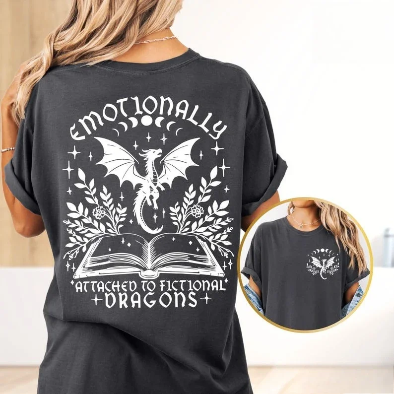 

Emotionally Attached To Fictional Fourth Wing Dragons T-Shirt Fantasy Bookish Dragon Rider Book Club Tees Summer Cotton Tees Top
