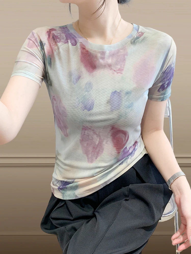 Chic f Sve T-irt Women's Summer Faion Design Sense Dyed Me Top round Ne Print ort Sve Commute Sle Korean...