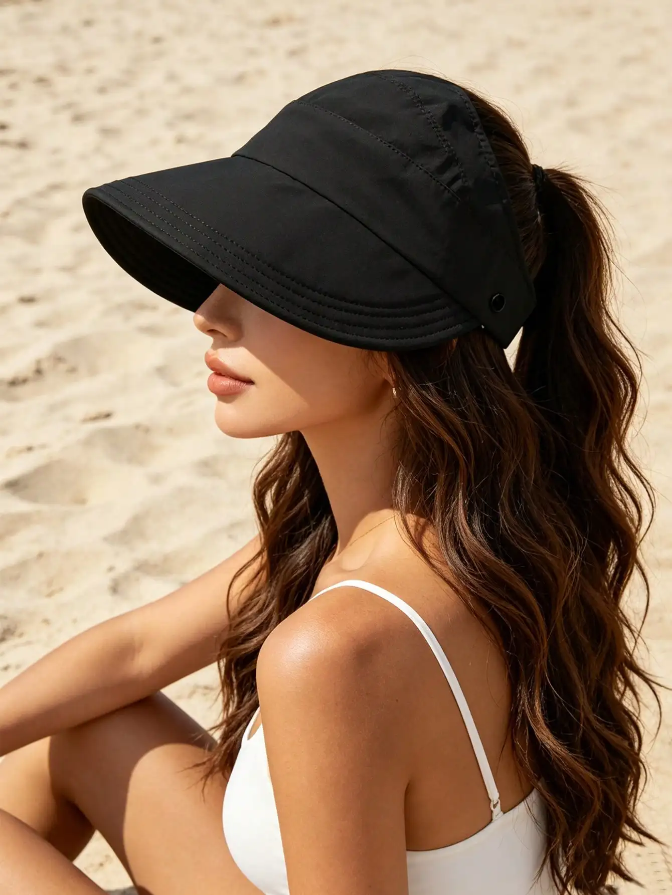 

1PC Summer Wide-Brimmed Sun Hat For Women, UV Protection, Face-Shielding, Outdoor Cycling, Non-Flip, Foldable, With A Mesh Top For Ponytail Ventilation.