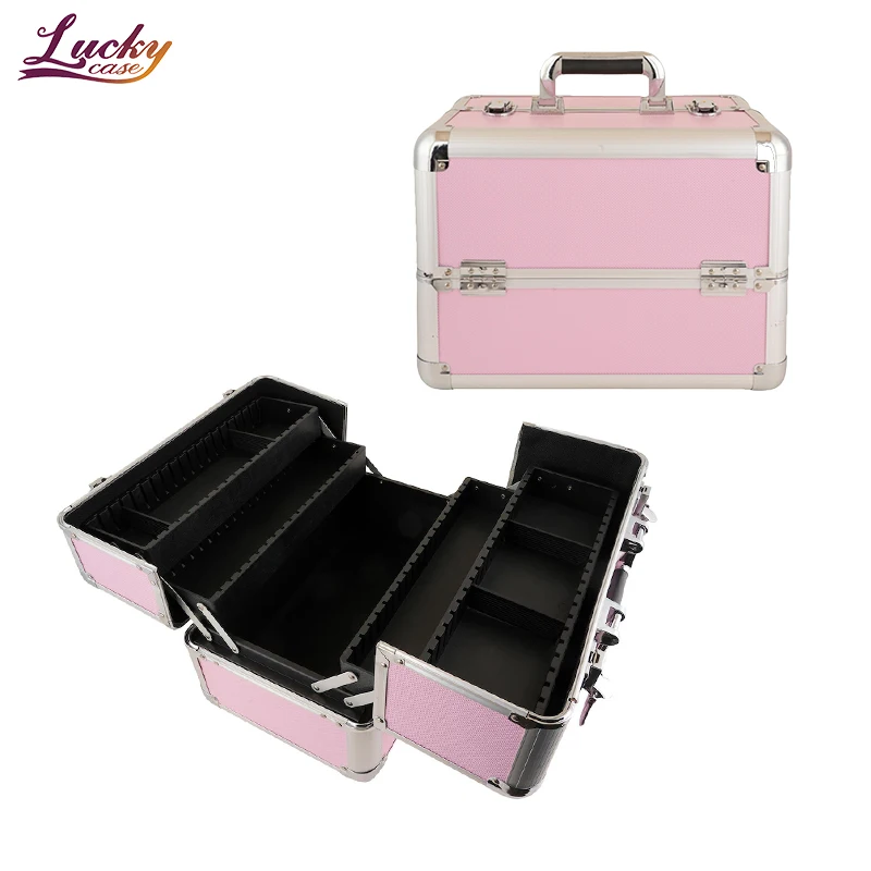 Pink Travel Makeup Storage Case Portable Cosmetic Artist Organizer Box with Trays and Dividers Custom Aluminum Makeup Case