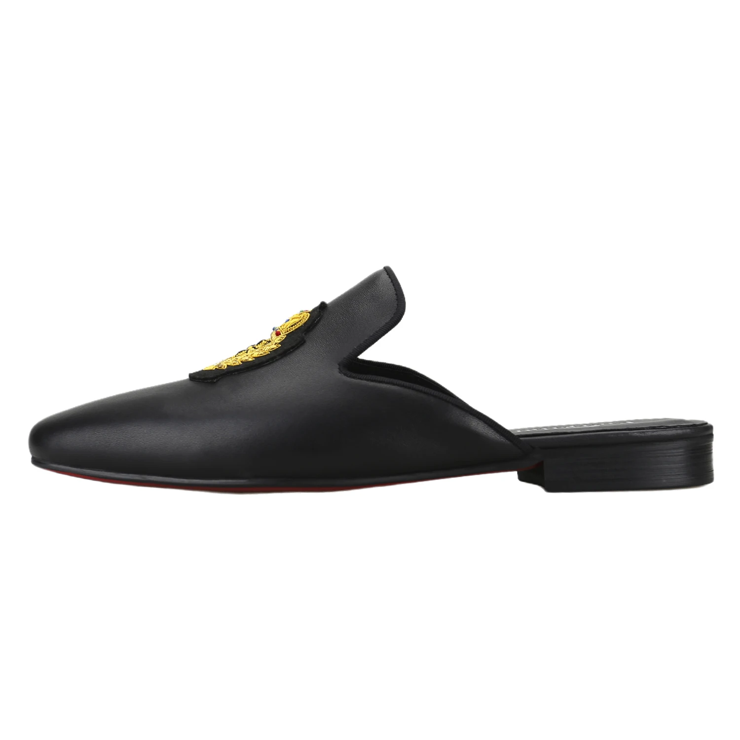 Piergitar Black Genuine Leather Men's Mules With Handmade Royalty Style Embroidered Patch Red Bottom Slip-On Slippers Plus Size