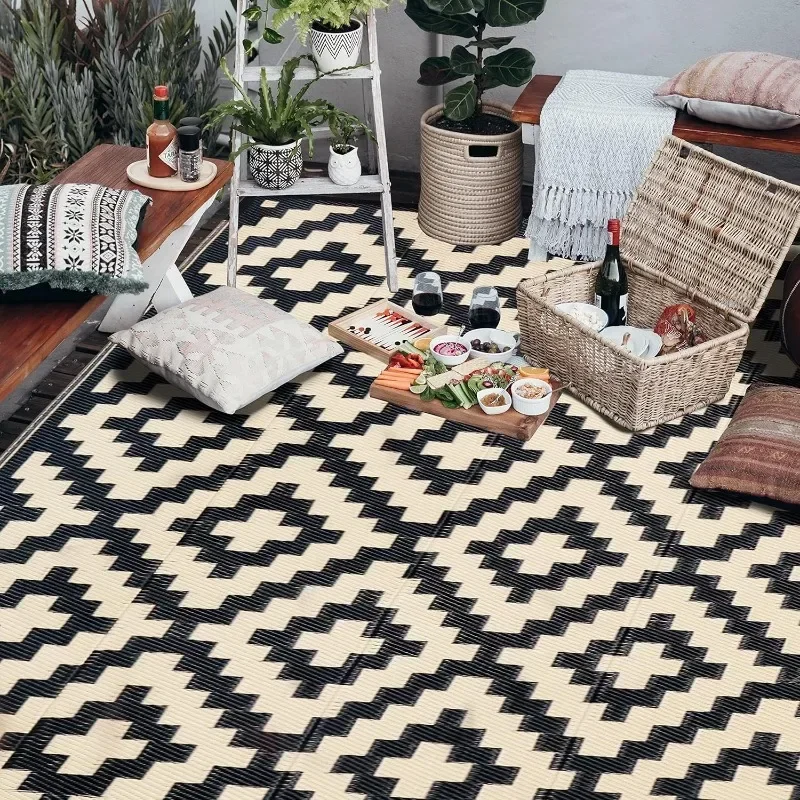 Reversible Mats, Modern Area Rug, Large Floor Mat and Rug for Outdoors,  Patio, Backyard, Deck,Beach,Camping, Black & Beige