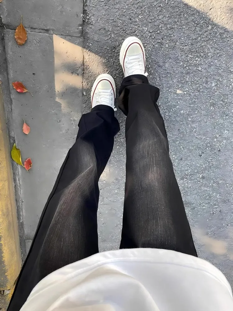 

aduated Waed Straight Leg Jeans Men's American Retro Sle High Waist Slim Fit Long Length Bootcut Jeans Youth Trend