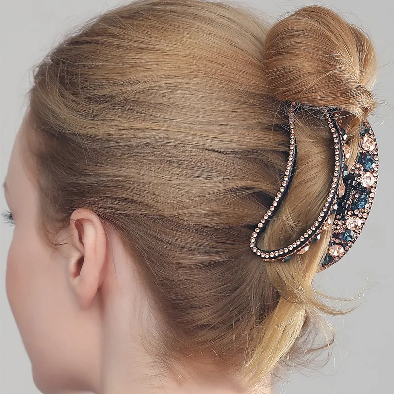 

Large Rhinestone Moon Shape Green and Champagn Elastic Hair Crab Clamp Resin Hair Claws Clips For Women Girls Hair Accessories