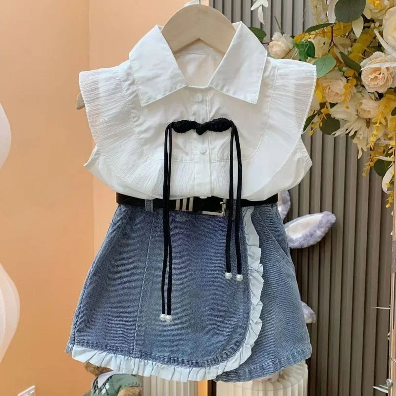 Girl Princess Style Set 2025 Summer New Baby Girl Flying Sleeve Shirt Cowboy Lace Skirt Pants Two Piece Set