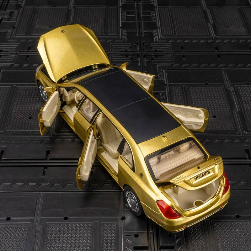 1:32 Puertas de modelo de carro de liga simulada Maybach S650 e capô do motor, o porta-malas pode ser aberto tem som e iluminação