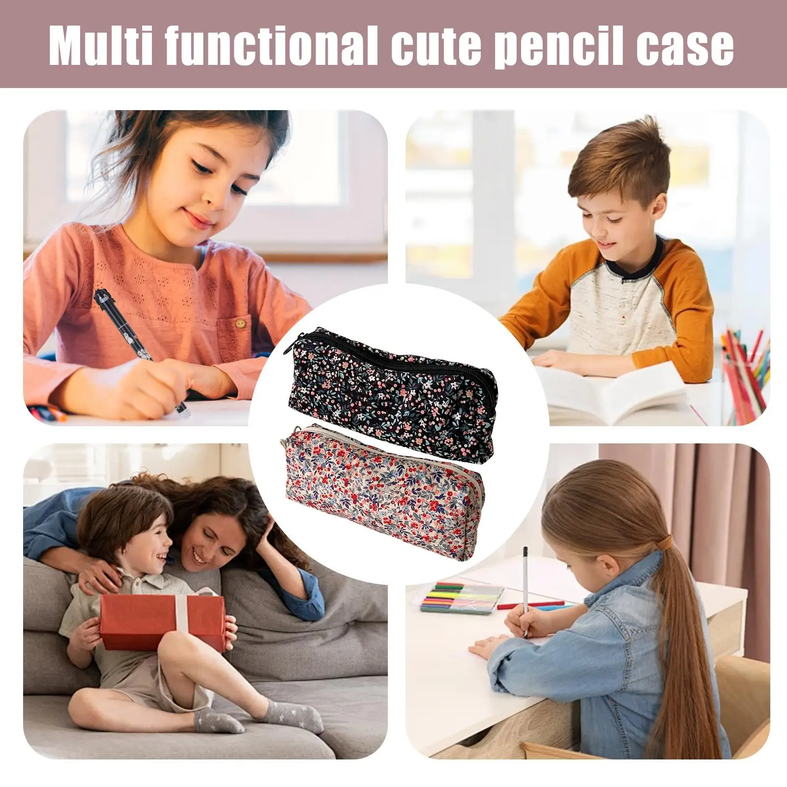 Pencil Pouch Corduroy 2 Pieces Corduroy Makeup Bag 3D Floral Embroidery Holder Organizer Box For Stationery School College