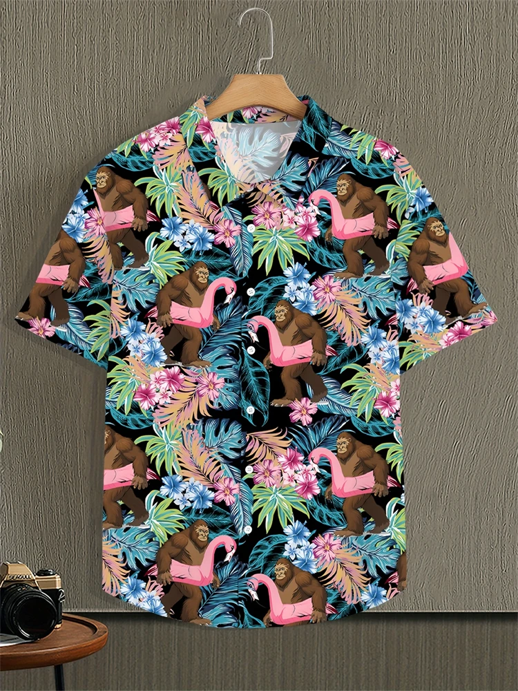 

2025 Men's Summer Shirt Lapel Design Swimming Circle Gorilla Pattern Men's Large Size Shirt Fashion Loose Seaside Partywear