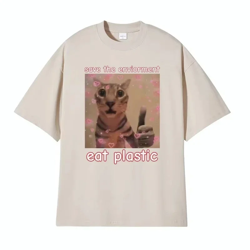 Camiseta divertida Save the Environment eat Plastic CAT me para camisetas de moda y humor casual femenino