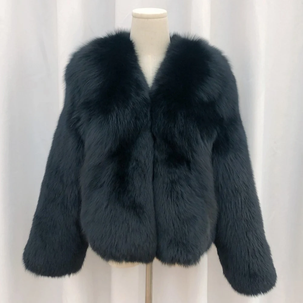 

2024 New Winter Women's 100% Genuine Black Color Fox Fur Coat Whole Skin Luxurious Thick Warm Jacket