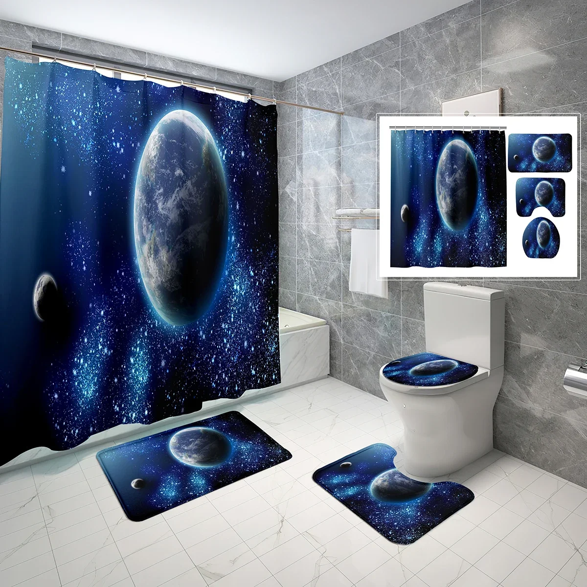 

Fantasy Starry Shower Curtain Set Mysterious Planet In Outer Space 4 Pcs Shower Curtain Bathroom Non-Slip Bath Mat Toilet Cover