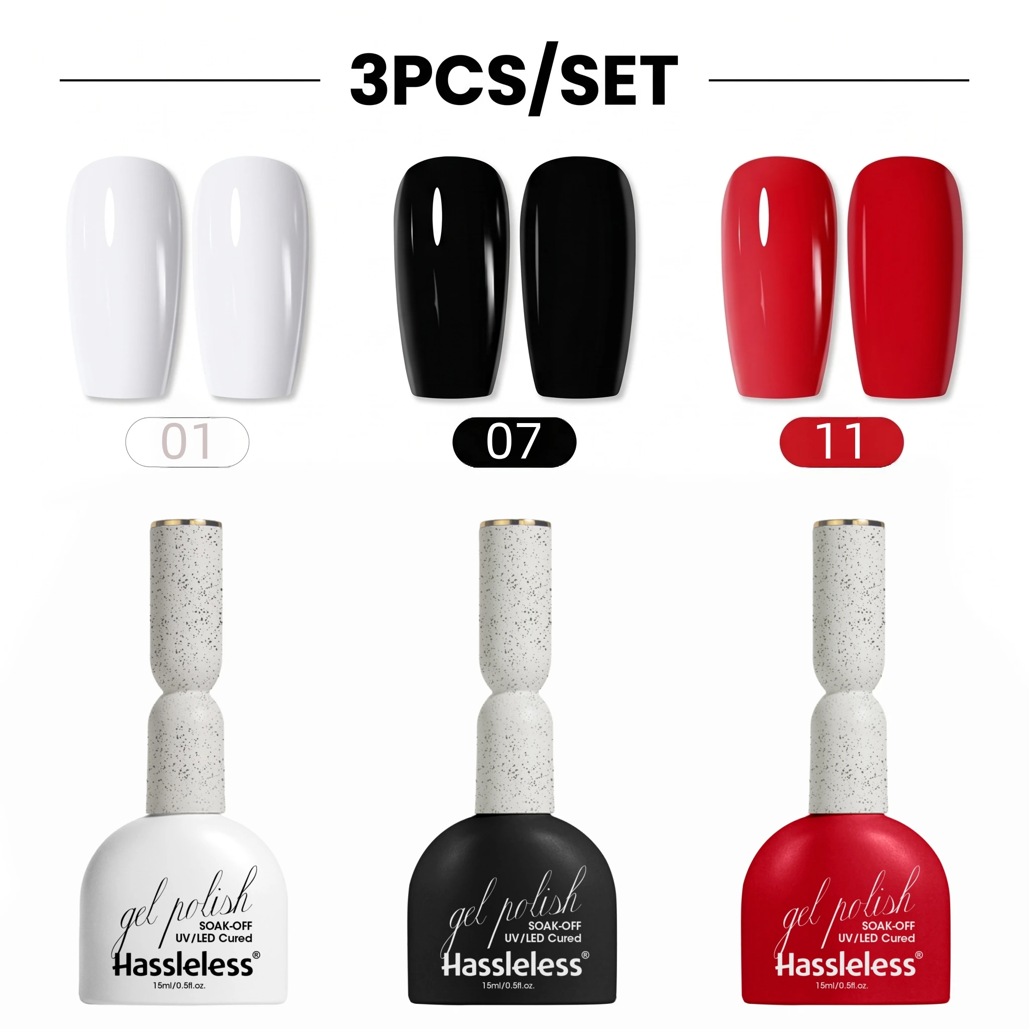 Hassleless 3Pcs Classic Black, White, and Red Gel Nail Polish Set, High Saturation Nail Gel, Long-Lasting Shine, Semi-Permanent Manicure, Gentle and Removable, Salon and Home DIY Manicure, Solid Color Nail Art
