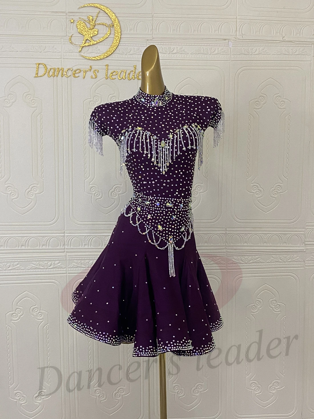 Sukienka do tańca latynoamerykańskiego AB Stone, damska, dla dorosłych i dzieci, ekskluzywna, szyta na miarę, z kryształami, frędzlami, kwiatami, czarna, na występy samba, do tańca basenowego.