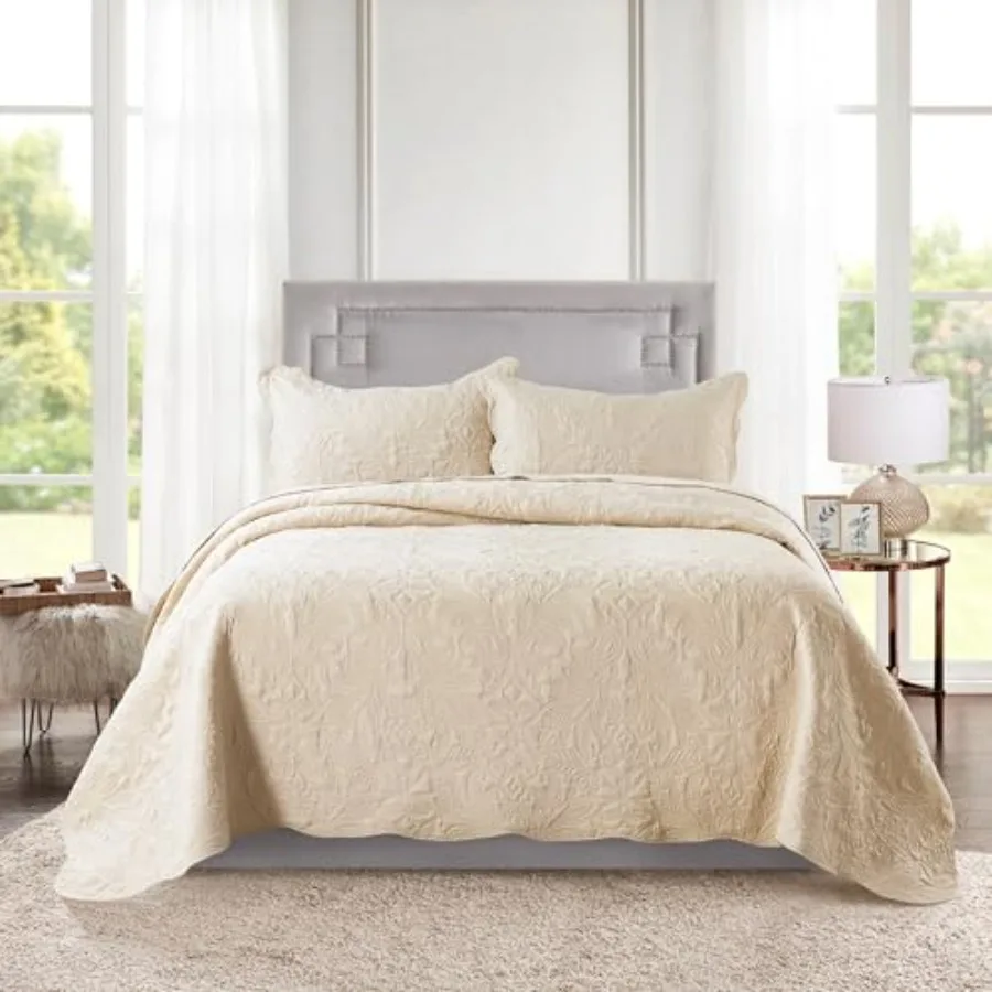 

Quilt Set Queen Size - 3 Pcs Embroidered Microfiber Bedspread Reversible Coverlet Lightweight Bedcover Paisley Pattern Bedding