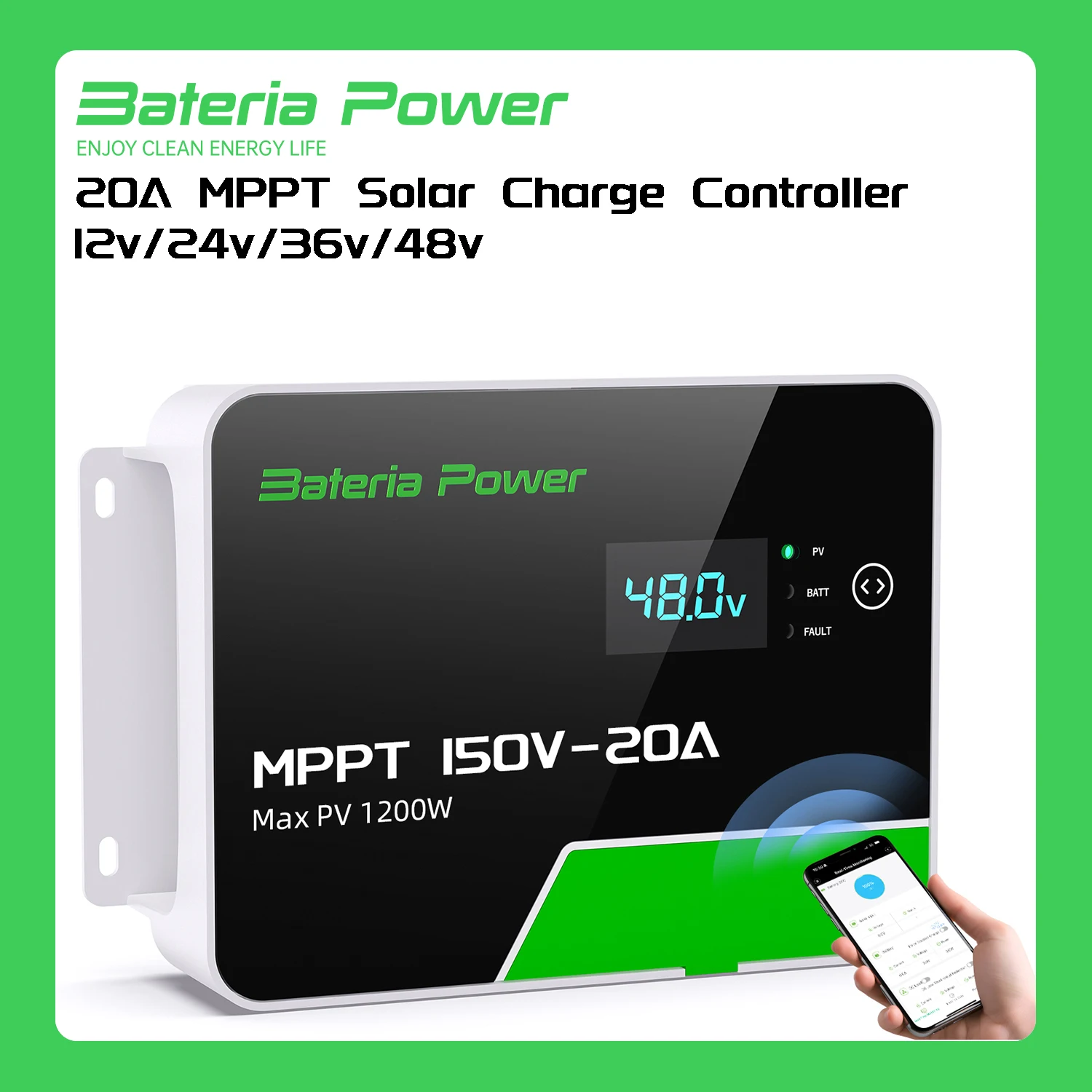 

20A MPPT Solar Charge Controller 48V 36V 24V 12V Auto, Bateria Power Max 1200W 150Voc DC Input Built-in APP Control(SunRock 20S)