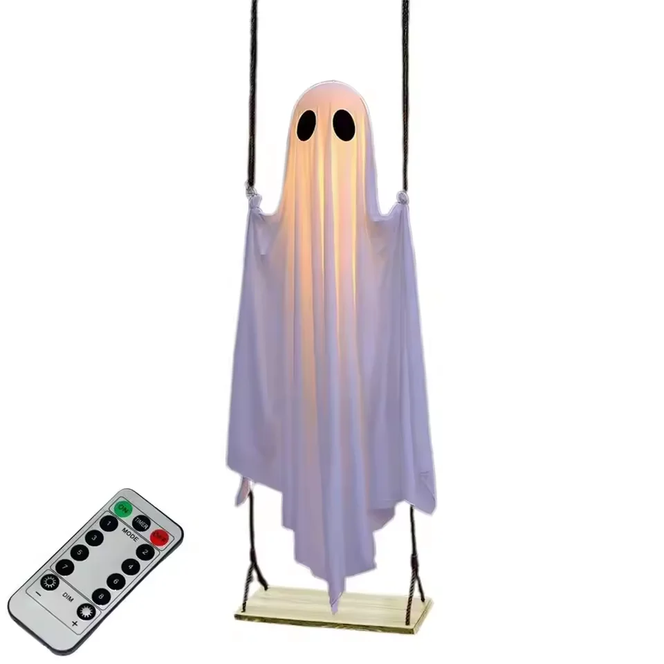 6FT Large Hanging Swing Ghost Halloween Decoration Cute White Ghost with String Light Spooky Ghost Ornament for Porch Yard Trees