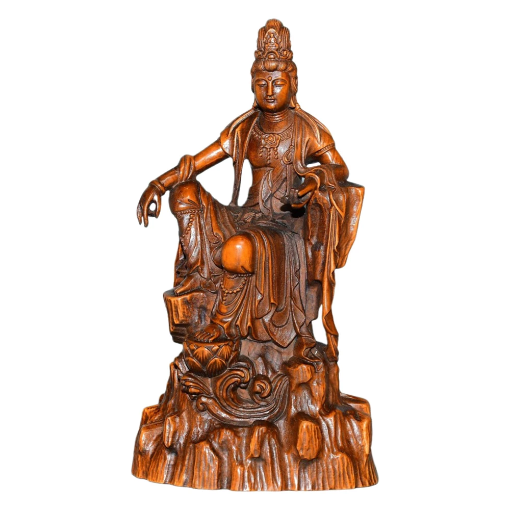 Ornement artisanal en bois sculpté, Figurine bouddhiste Kwan Yin, pose décontractée, tranquilité, compassion, bénédiction, dévotion de sérénité
