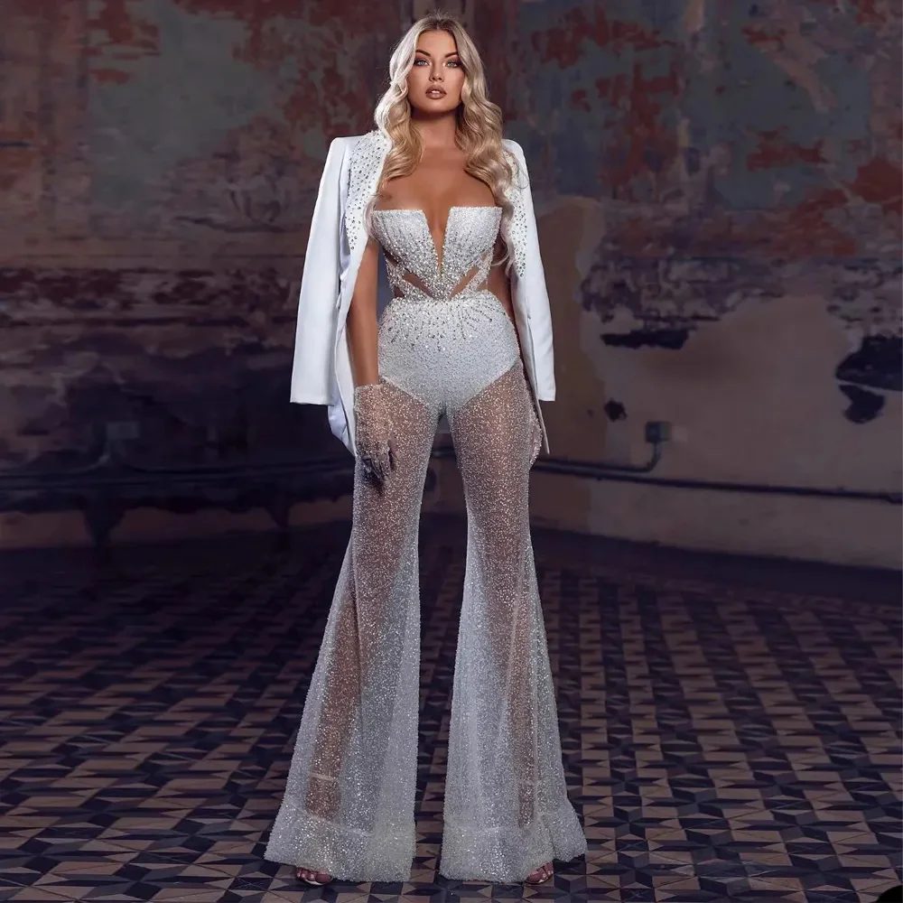 Jumpsuit Sparking Beaded Evening Dresses with Jacket Strapless See Through Outfit For Special Occasion Gowns