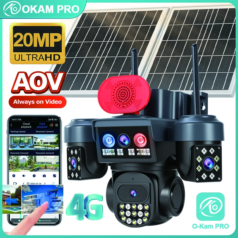 

OKAM PRO AOV Solar Camera 12000mAh Battery HD 20MP Outdoor 4G Camera Waterproof Color Night Vision Mobile Tracking Solar CCTV