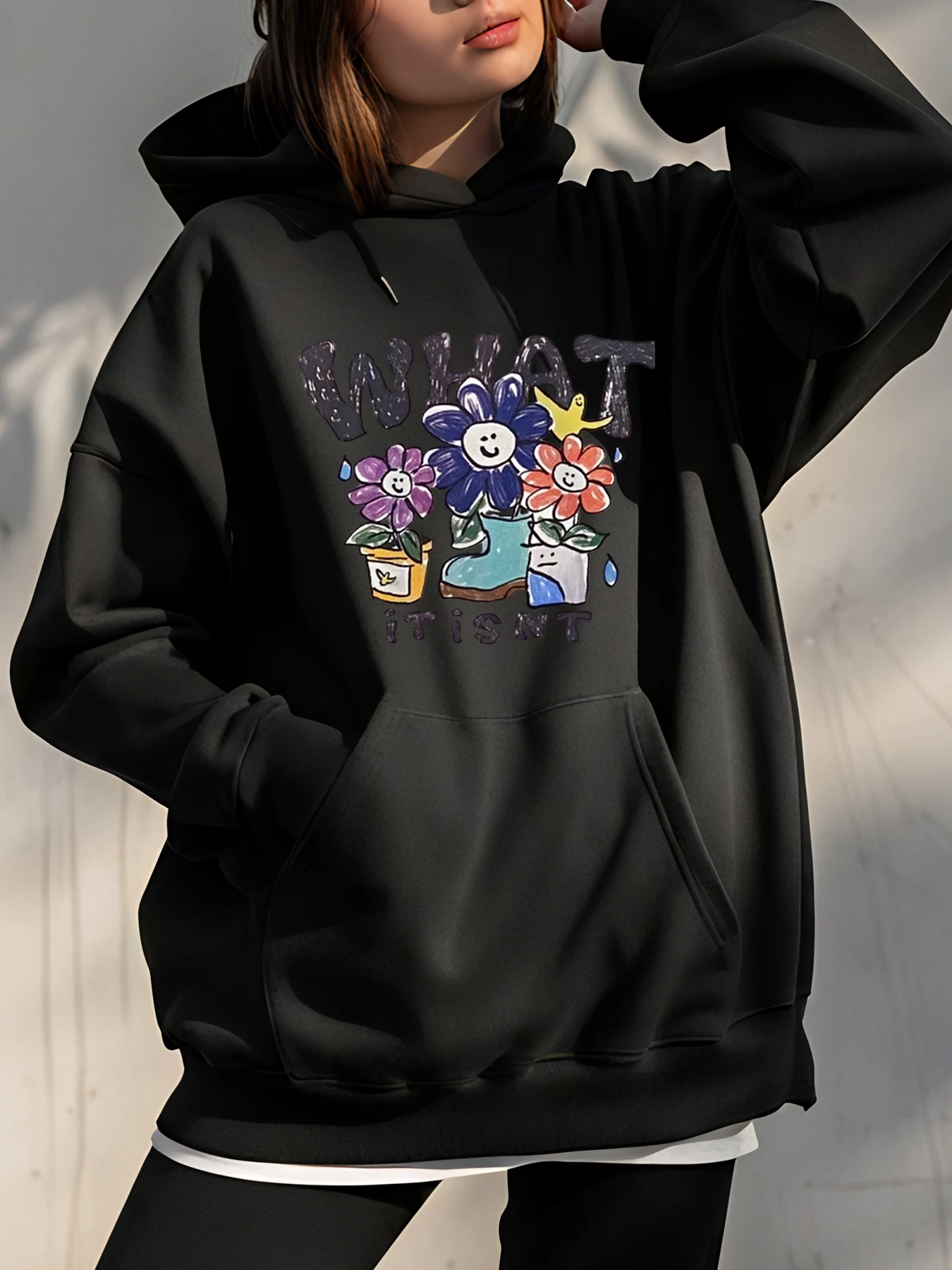 

Women's Hoodie What It Isnt Floral Cartoon Print Sweatshirt Casual Streetwear Fashion Autumn Winter Outfit Female Clothes
