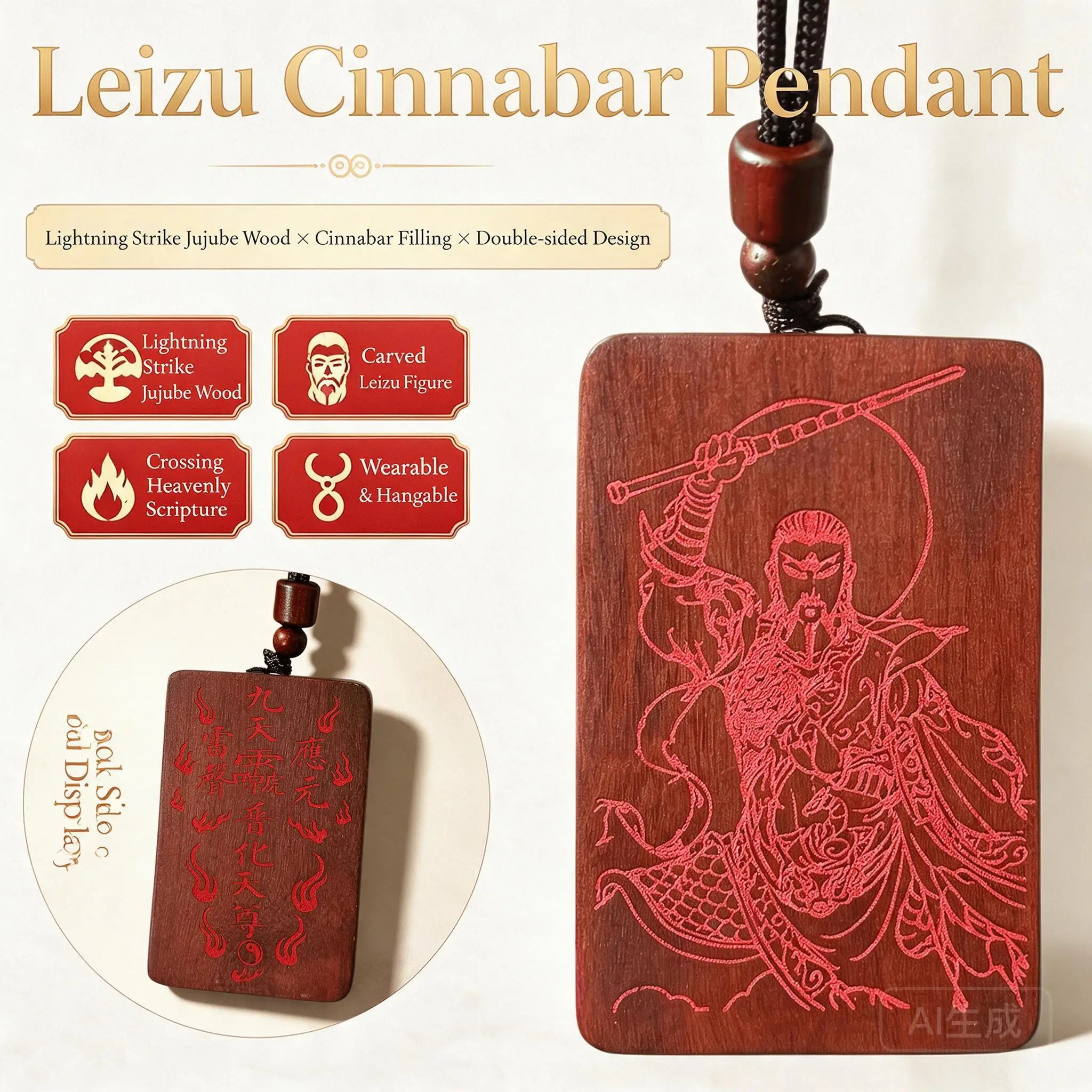 Feng Shui Lightning Struck Jujube Wood Lei Zu Thunder God Pendant Hand Carved Double Sided Cinnabar Painted Luck Wealth Blessing