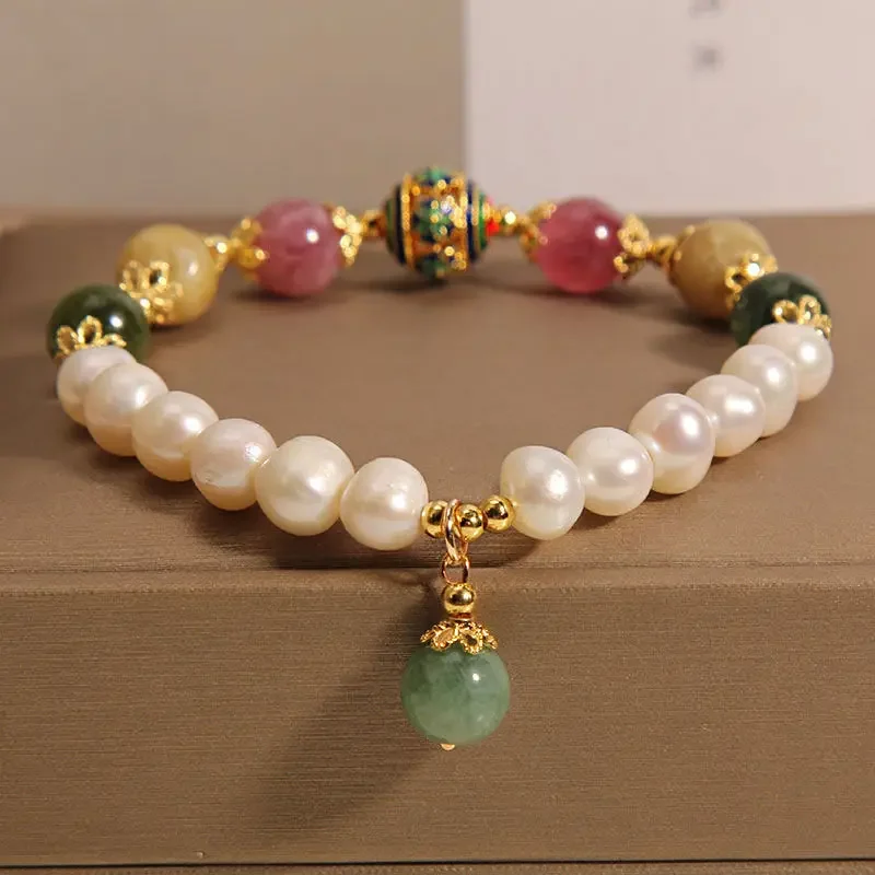 

Natural Freshwater Pearl Bracelet Women's Summer Ins Niche Light Luxury High-end Sense Quartz Jade Bracelet for Girlfriends Gift