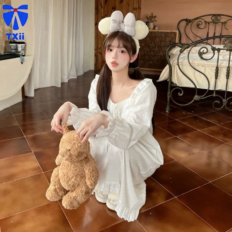 Princess Style Ice Silk Nightdress Korean Style Girl's Home Clothes Spring Autumn New 2024 Round Neck Cute Pajamas Long Sleeve