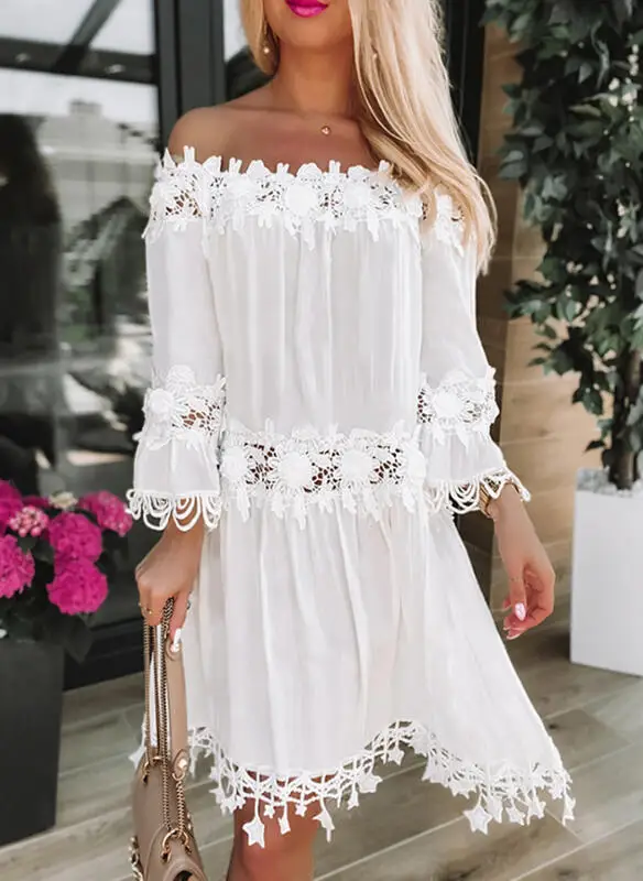 Vestido de verano blanco sin mangas con cordón para mujer, Mini vestido con cuello en V, encaje Floral ahuecado, plisado, volantes, suelto, bohemio, vacaciones