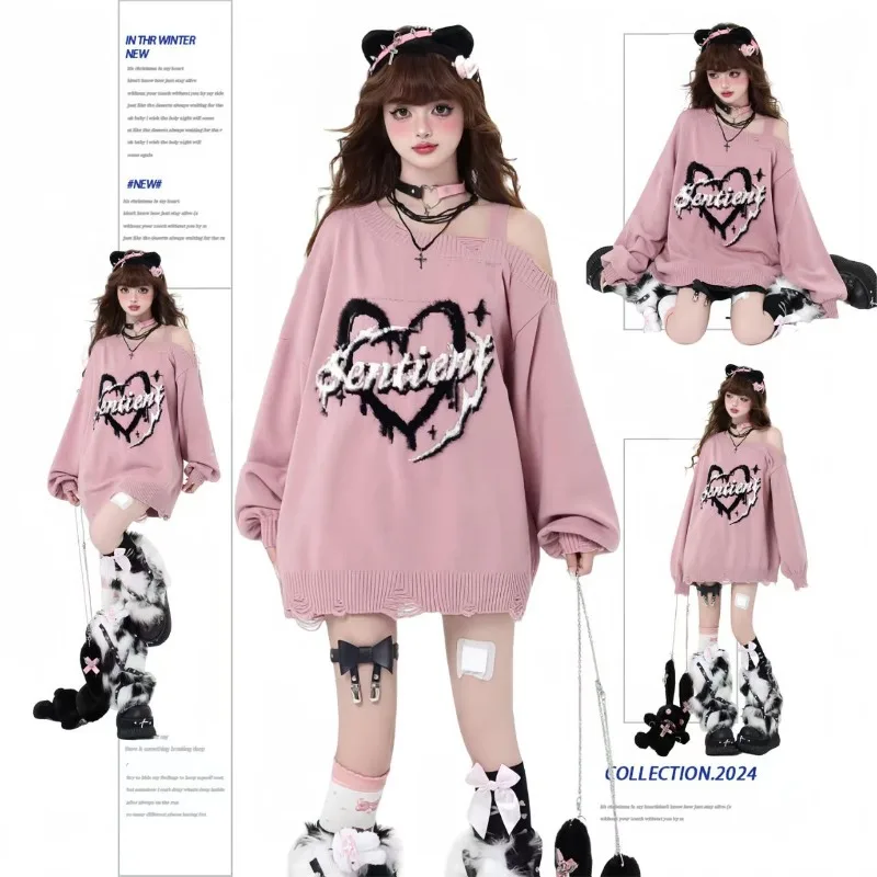 女性用長袖セーター,y2kゴシックセーター,ヴィンテージ原宿,パンク,ストリートウェア,グランジファッション,特大セーター,秋