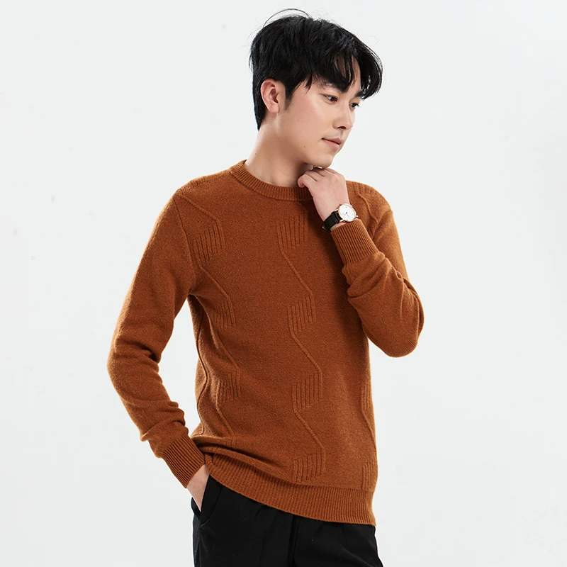 

Autumn and winter new 100% pure wool men's round neck thick jacquard long-sleeved sweater fashion Joker knit bottoming shirt.