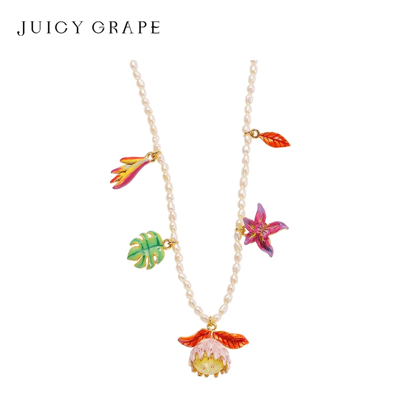 Juicy Grape Birds of Paradise Pearl Necklace for Women Handmade Enamel Flowers Necklace 18K Gold Plated Party and Birthday Gift