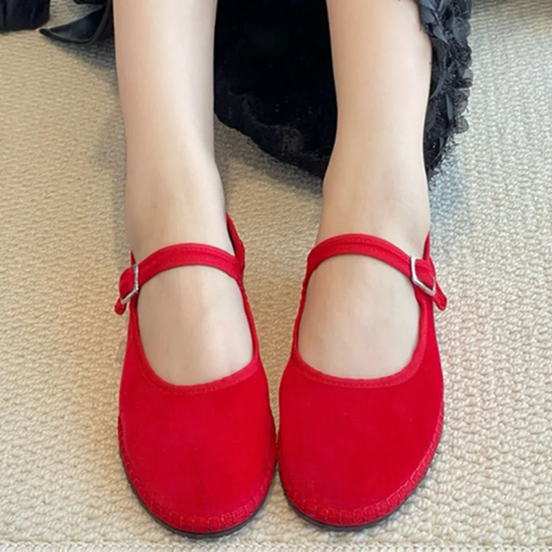 

Maxdutti 2026 New Fashion Elegant Vintage Handmade Velvet Mary Jane Shoes Woman Shoes,Shoes For Woman Red Color Flat Shoes