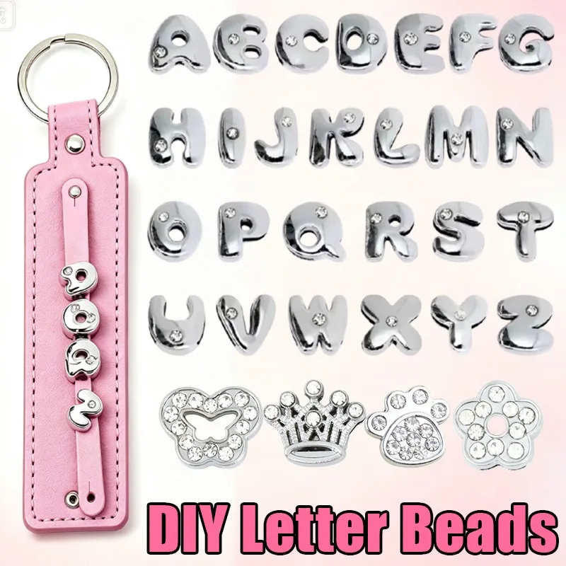 10Pcs Internal Dia 8mm Bubble Single Rhinestone English Letters DIY Alloy Slide Accessories Fit 8mm Wide Belt Pet Collar