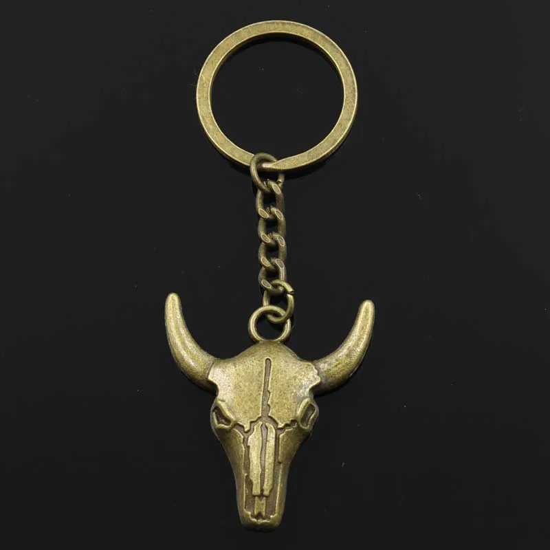 Fashion 30mm Key Ring Metal Key Chain Keychain Jewelry Antique Bronze Silver Color Plated Skull Bull Ox Head 41x38mm Pendant