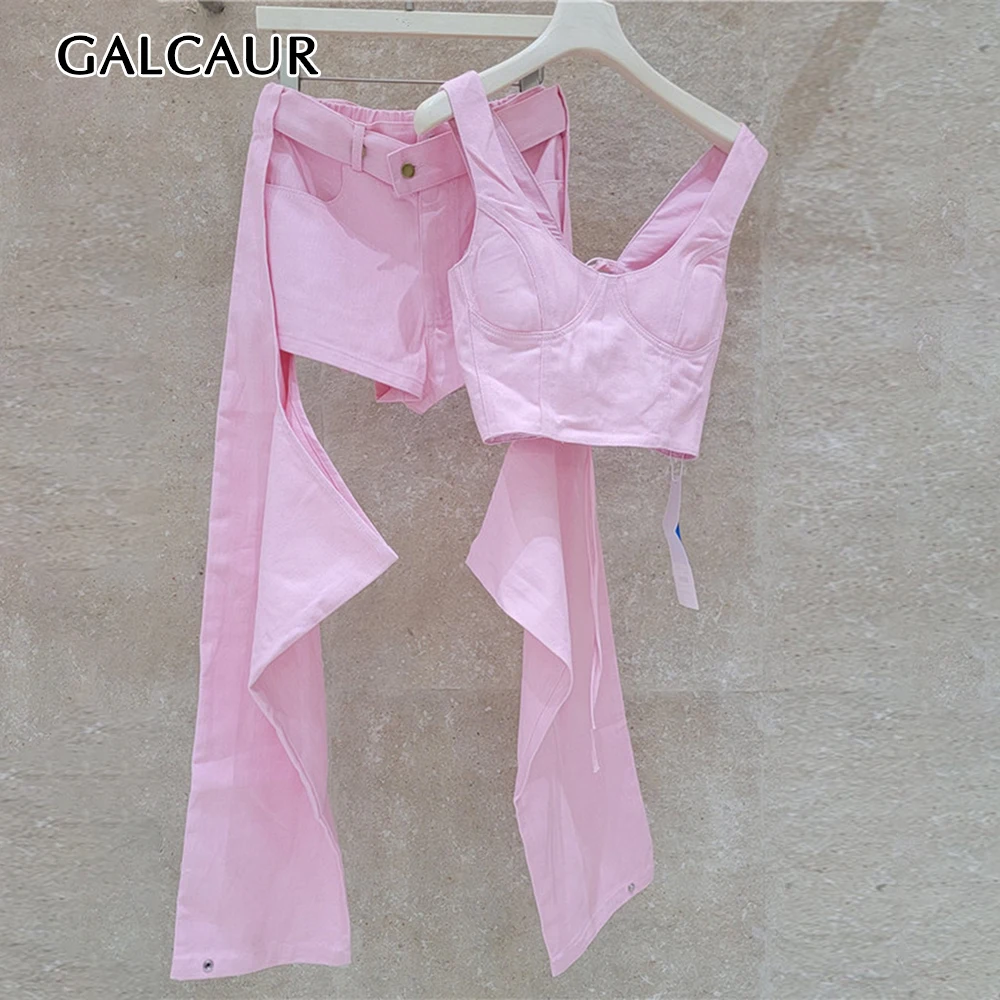 GALCAUR Lace Up Slim 3 Piece Set for Women Stand Collar Long Sleeve Jacket Spaghetti Strap Vest Hollow Out Pant Sets Female New